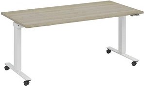 fm Topspin elektrisch höhenverstellbarer Schreibtisch eiche, verkehrsweiß rechteckig, T-Fuß-Gestell mit Rollen weiß 180,...