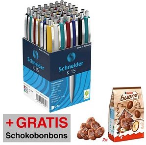 AKTION: Schneider Kugelschreiber K15 farbsortiert, Schreibfarbe: blau, 50 St. + GRATIS 2 x Kinder Bueno Eggs 80g