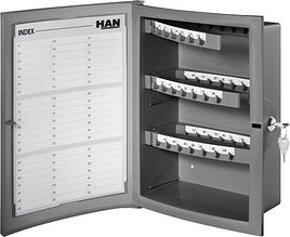 HAN INDEX Schlüsselkasten grau mit 63 Haken, Zylinderschloss, 26,0 x 11,8 x 34,0 cm, 1 St.
