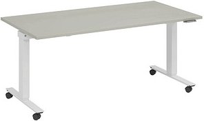 fm Topspin elektrisch höhenverstellbarer Schreibtisch lichtgrau, verkehrsweiß rechteckig, T-Fuß-Gestell mit Rollen weiß ...