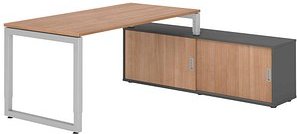 Thumbnail - HAMMERBACHER RSE16SB höhenverstellbarer Schreibtisch nussbaum rechteckig, Kufen-Gestell silber 160,0 x 80,0 cm