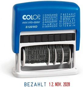 Thumbnail - COLOP Datumstempel mit Text Mini-Info-Dater S120/WD selbstfärbend blau rot ohne Logo, 1 St.