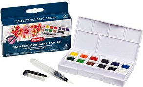 DERWENT Wasserfarbkasten 12 halbe Näpfchen und eine Derwent Mini Waterbrush in einer kompakten Palette mit Mischschale