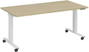 Thumbnail - fm Topspin elektrisch höhenverstellbarer Schreibtisch akazie, verkehrsweiß rechteckig, T-Fuß-Gestell mit Rollen weiß 180...