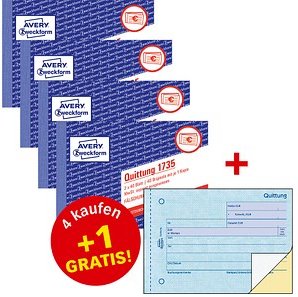 Thumbnail - 4 + 1 GRATIS: 4 AVERY Zweckform Quittung, MwSt. separat ausgewiesen Formularbücher 1735-5 + GRATIS 1 St.