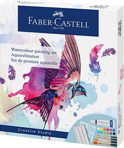 FABER-CASTELL Aquarell Bastelfarben-Set farbsortiert 12 Tuben  5,0 ml Tuben, 4 Synthetik-Pinsel, 1 Schablone und 1 Misch...