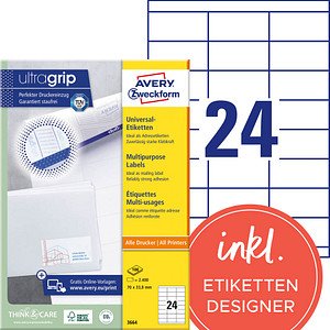 Thumbnail - 2.400 AVERY Zweckform Etiketten 3664 weiß 70,0 x 33,8 mm