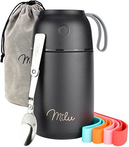 Milu Isolier-Speisebehälter schwarz 1 Thermobehälter mit Tasche, klappbarer Löffel, 5 farbige Trageschlaufen aus Gummi