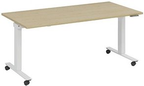 fm Topspin elektrisch höhenverstellbarer Schreibtisch akazie, verkehrsweiß rechteckig, T-Fuß-Gestell mit Rollen weiß 140...