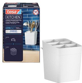 tesa® Küchenzubehör Utensilienhalter Set, weiß, Power.Kit, L 135 x B 150 x H 170 mm, inkl. Adapter & Wasserwaage,