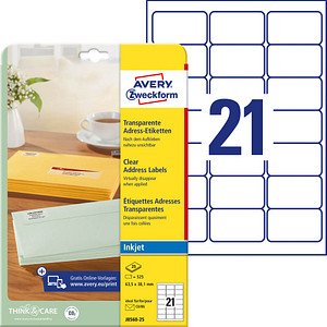 525 AVERY Zweckform Folien-Adressetiketten J8560-25 transparent 63,5 x 38,1 mm
