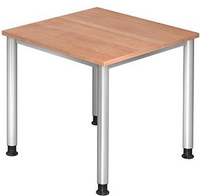 HAMMERBACHER Orbis höhenverstellbarer Schreibtisch nussbaum quadratisch, 4-Fuß-Gestell silber 80,0 x 80,0 cm