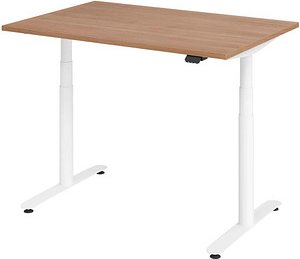 HAMMERBACHER VXDLR12 elektrisch höhenverstellbarer Schreibtisch nussbaum rechteckig, T-Fuß-Gestell weiß 120,0 x 80,0 cm