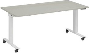 fm Topspin elektrisch höhenverstellbarer Schreibtisch lichtgrau, verkehrsweiß rechteckig, T-Fuß-Gestell mit Rollen weiß ...