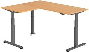 HAMMERBACHER XDSMW1908 elektrisch höhenverstellbarer Schreibtisch buche rechteckig, T-Fuß-Gestell grau 180,0 x 160,0 cm