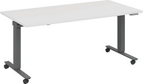 fm Topspin elektrisch höhenverstellbarer Schreibtisch weiß, anthrazit metallic rechteckig, T-Fuß-Gestell mit Rollen grau...