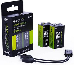 Thumbnail - 2 VERICO USB-Akkus mit Ladekabel LoopEnergy PP3 9V E-Block 500 mAh