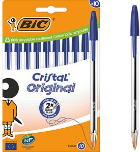 BIC Kugelschreiber Cristal Original transparent, Schreibfarbe: blau, 10 St.