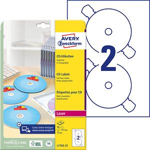 AVERY Zweckform CD-Etiketten L7760-25 weiß, 50 Etiketten