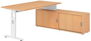 HAMMERBACHER OSE16SB höhenverstellbarer Schreibtisch buche rechteckig, T-Fuß-Gestell weiß 160,0 x 80,0 cm