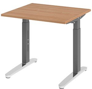 HAMMERBACHER VXB08 höhenverstellbarer Schreibtisch nussbaum quadratisch, C-Fuß-Gestell grau 80,0 x 80,0 cm