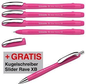 Thumbnail - AKTION: Schneider Kugelschreiber Slider Memo pink, Schreibfarbe: blau, 4 St. + GRATIS Schneider Kugelschreiber Slider Ra...