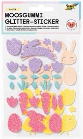 folia Moosgummi Glitter-Sticker EASTER gelb, lachs, rosa, lila, mint 52 St.