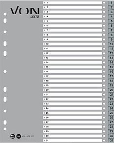 VON LEITZ Register DIN A4 Überbreite 1-31 grau-weiß 31-teilig, 1 Satz