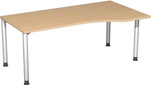 geramöbel Flex höhenverstellbarer Schreibtisch buche, silber Trapezform, 4-Fuß-Gestell silber 180,0 x 80,0/100,0 cm