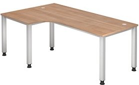 Thumbnail - HAMMERBACHER Akandia höhenverstellbarer Schreibtisch nussbaum L-Form, 5-Fuß-Gestell silber 200,0 x 80,0/120,0 cm
