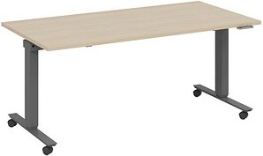 fm Topspin elektrisch höhenverstellbarer Schreibtisch ahorn, anthrazit metallic rechteckig, T-Fuß-Gestell mit Rollen gra...