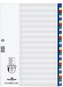 DURABLE Ordnerregister DIN A4 Vollformat 1-31 blau, gelb, rot, grün, grau 31-teilig, 1 Satz