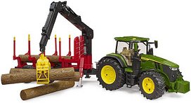 bruder John Deere 7R 350 Traktor mit Rückeanhänger und 4 Baumstämmen 03154 Spielzeugauto