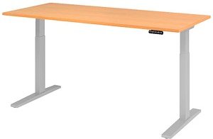 HAMMERBACHER Prokura elektrisch höhenverstellbarer Schreibtisch buche rechteckig, C-Fuß-Gestell silber 180,0 x 80,0 cm