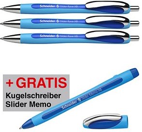 AKTION: Schneider Kugelschreiber Slider Rave XB hellblau/dunkelblau, Schreibfarbe: blau, 3 St. + GRATIS Schneider Kugels...