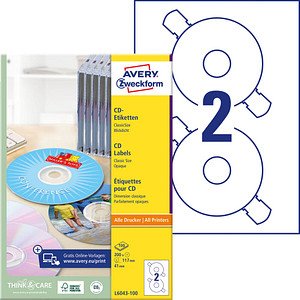 200 AVERY Zweckform CD-Etiketten L6043-100 weiß