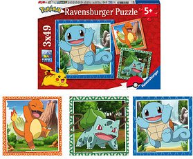 Thumbnail - Ravensburger Pokémon Glumanda, Bisasam und Schiggy Puzzle, 3 x 49 Teile