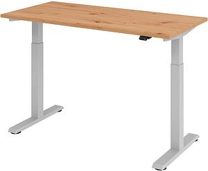 HAMMERBACHER XMST614 elektrisch höhenverstellbarer Schreibtisch asteiche rechteckig, T-Fuß-Gestell silber 140,0 x 67,2 c...