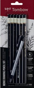 Tombow Mono Bleistift-Set B, HB, 2H, 2B, 4B, 6B schwarz/weiß mit Radierer, 1 Set