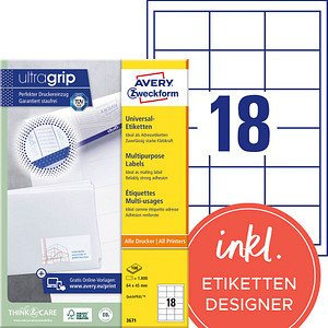 1.800 AVERY Zweckform Etiketten weiß 64,0 x 45,0 mm