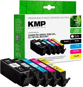 KMP 1x pigmentschwarz, 1x schwarz, 1x cyan, 1x magenta, 1x gelb Druckerpatronen kompatibel zu Canon PGI-580XXL PGBK, CL...