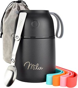 Milu Isolier-Speisebehälter schwarz 1 Thermobehälter mit Tasche, klappbarer Löffel, 5 farbige Trageschlaufen aus Gummi, ...