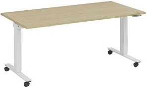 fm Topspin elektrisch höhenverstellbarer Schreibtisch akazie, verkehrsweiß rechteckig, T-Fuß-Gestell mit Rollen weiß 140...