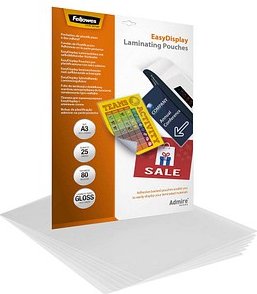 25 Fellowes Admire EasyDisplay Laminierfolien glänzend für A3 80 micron selbstklebender Rücken