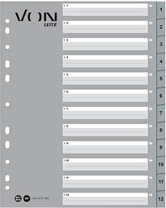 VON LEITZ Register DIN A4 Überbreite 1-12 grau-weiß 20-teilig, 1 Satz