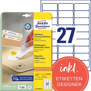 Thumbnail - AVERY Zweckform Etiketten L4737REV-25 weiß 63,5 x 29,6 mm, 30 Blatt