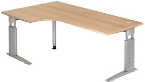 Thumbnail - HAMMERBACHER Haziender höhenverstellbarer Schreibtisch eiche L-Form, C-Fuß-Gestell silber 200,0 x 80,0/120,0 cm