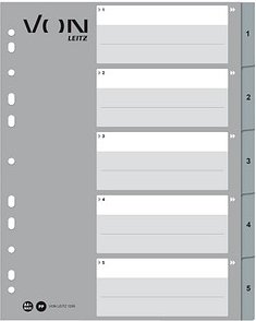 VON LEITZ Register DIN A4 Überbreite 1-5 grau-weiß 5-teilig, 1 Satz