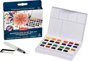 DERWENT Wasserfarbkasten 24 halbe Näpfchen und eine Derwent Mini Waterbrush in einer kompakten Palette mit Mischschale