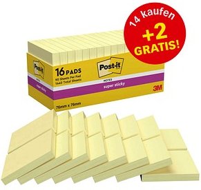 14 + 2 GRATIS: Post-it® Super Sticky Notes Haftnotizen extrastark 654 gelb, 14 Blöcke + GRATIS 2 Blöcke